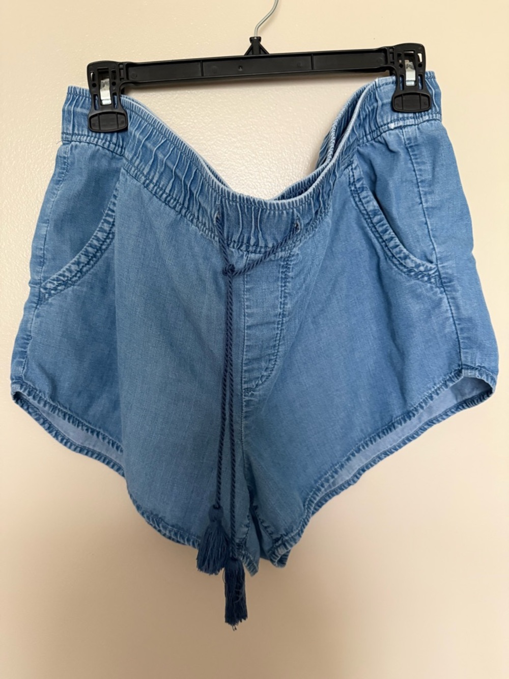 LOFT Light Blue Denim High-Waist Shorts with Tassel Drawstring